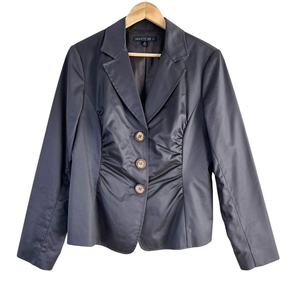 Lafayette 148 New York Satin Ruched Blazer Wooden Button Front Jacket Brown, 10